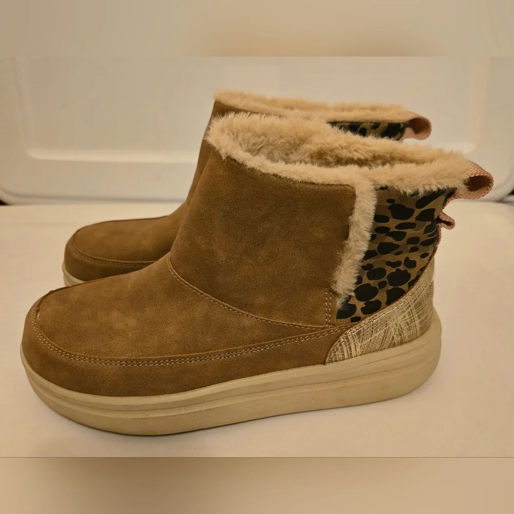 Hey Dude Kids Brown Suede Slip-On Boots with Gold Accent and Leopard Print